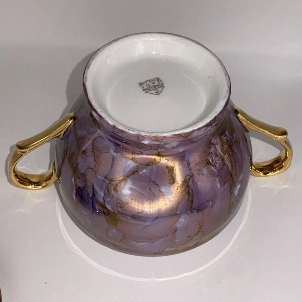 Vintage Cmielow Poland Tea Set Teapot Creamer Sugar Bowl 2 Saucers Purple Gold